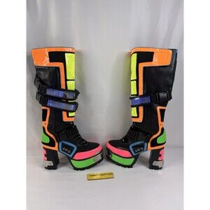 Club Exx Cybertron Babe Boots Womens 8M Platform Neon Vegan Lug Heel LED Straps